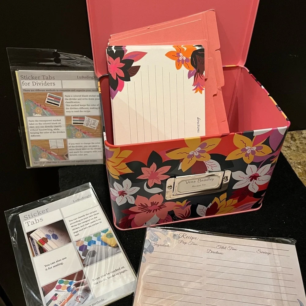 Vera Bradley Colorful Pink Floral Recipe Box with Cards